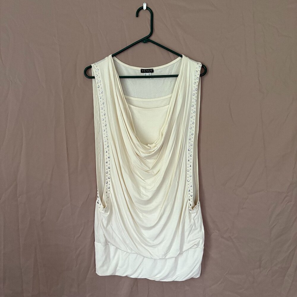 Y2k Venus Womens Off White Draped Cowl Neck Sleeveless Sequin Top